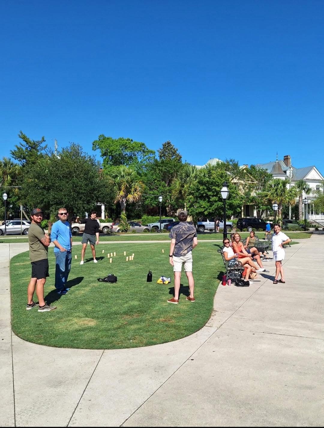 Playing kubb at the park in recovery